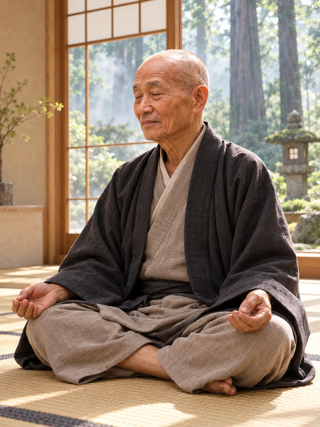 Illustrative portrait of Yun Munari seated in a cross-legged meditation pose in a bright room beside a forest