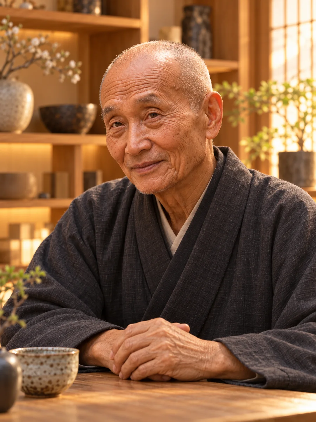 Illustrative portrait of Yun Munari seated at a wooden table in a warm contemporary library