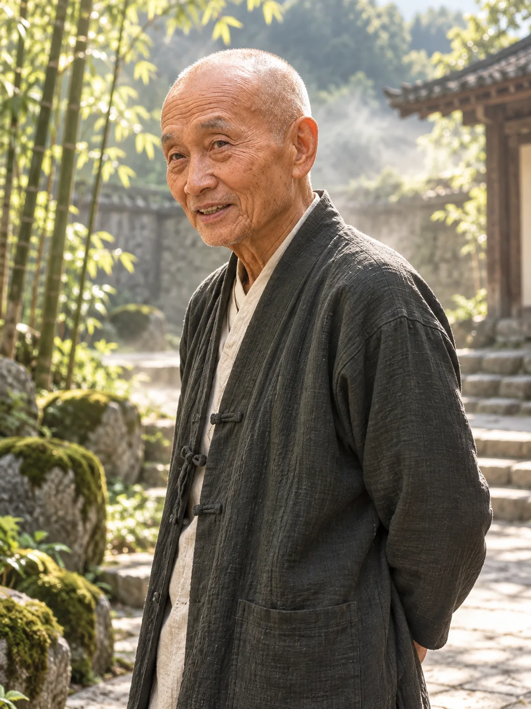 Illustrative portrait of Yun Munari in a softly lit courtyard among bamboo and mossy stone